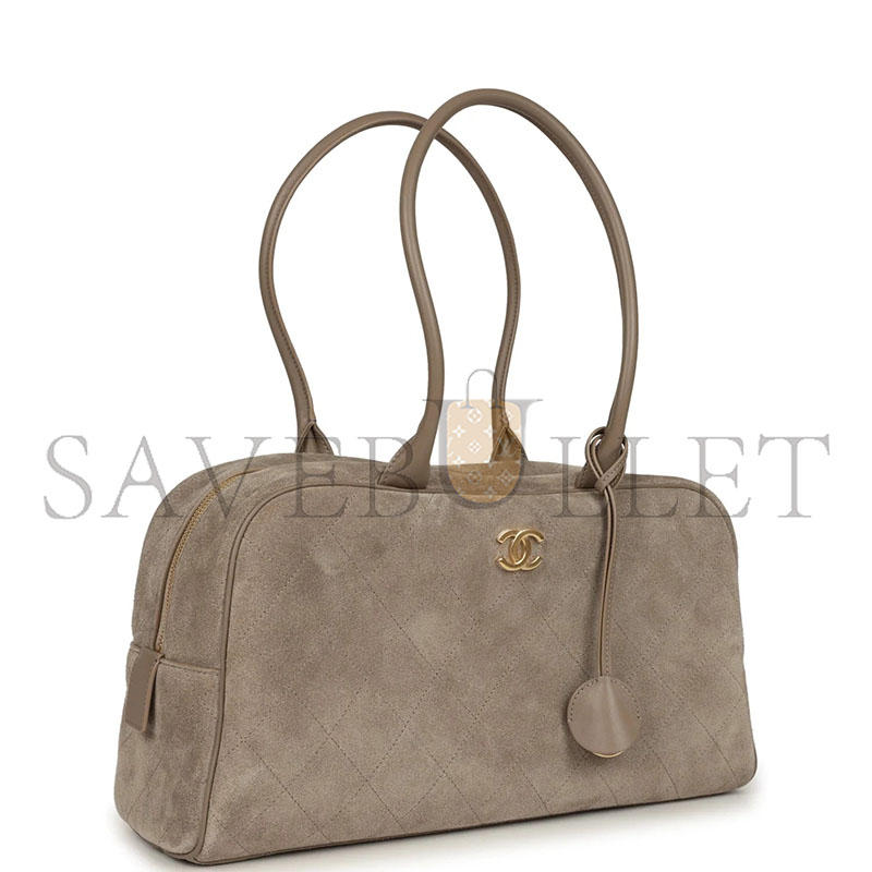 CHANEL MASTER LARGE PERFECT BOWLING BAG DARK BEIGE SUEDE GOLD HARDWARE AS62110 (35.5*19*12.5cm)